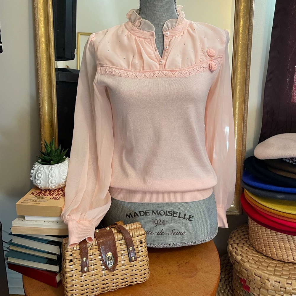 Ballerina pink/peach chiffon & cotton blend knit l/s top - Picture 2 of 16